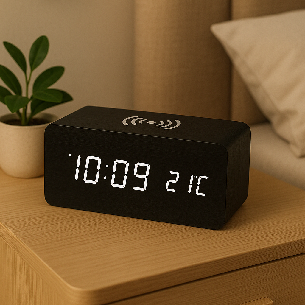 Digitale houten klok met draadloos opladen