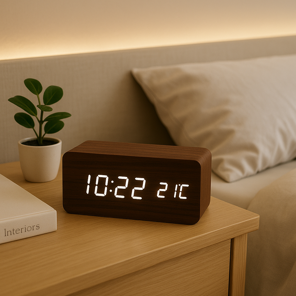 Digitale houten klok met draadloos opladen