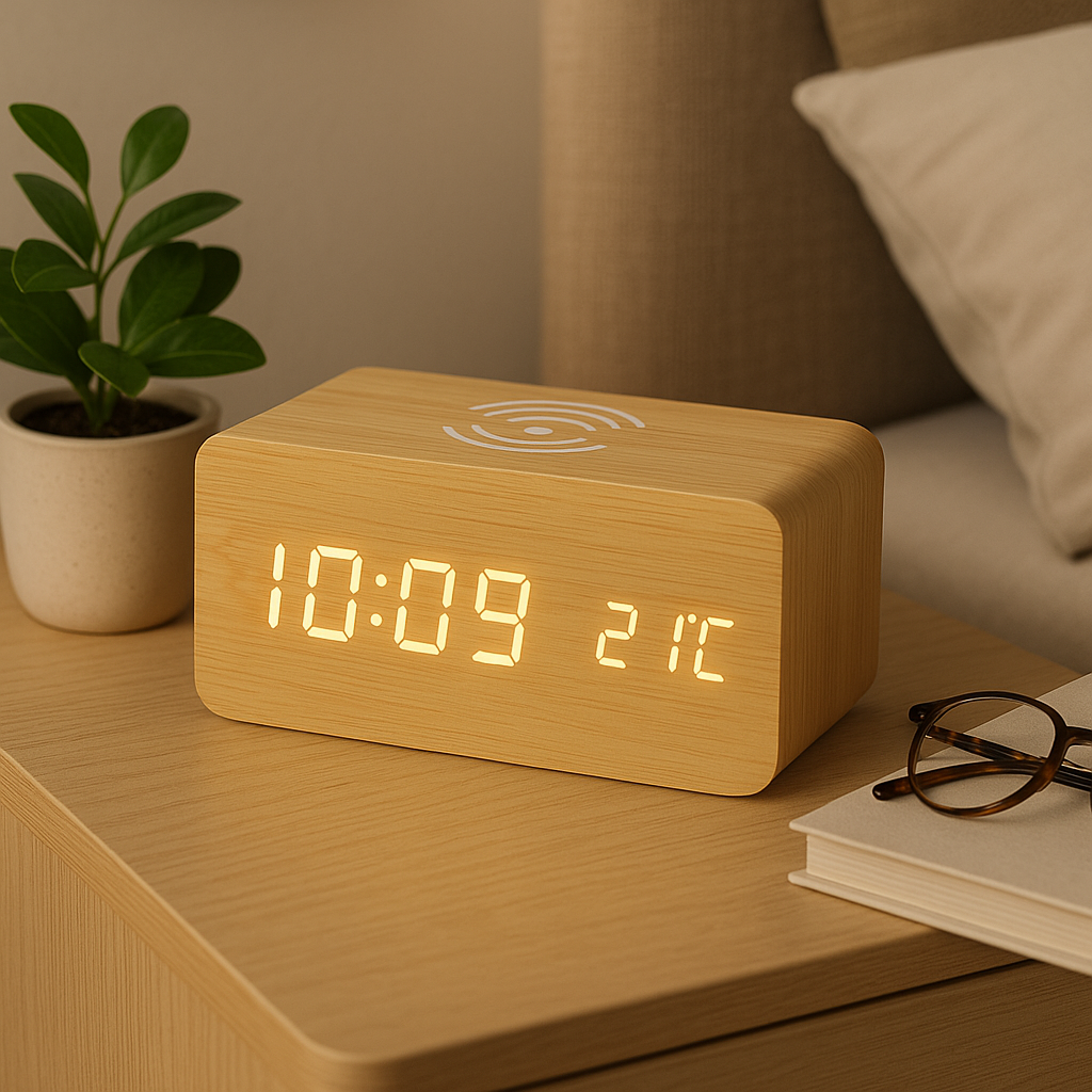 Digitale houten klok met draadloos opladen